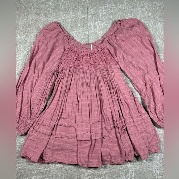 Free People Ari Mini Dress Smocked Babydoll Balloon Sleeve Mauve Boho Sz XS - Picture 1 of 6